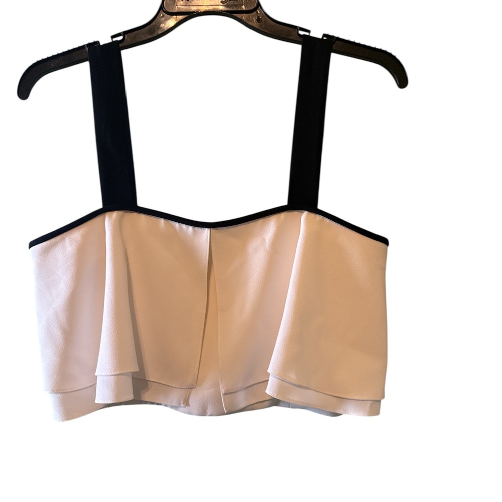 Zara White Ruffle Crop Top Black Trim Dressy Sz Large Back Zipper Elegant